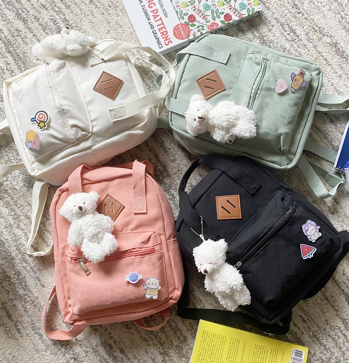 Cute Canvas Mini Backpack with Teddy Bear Plush, Free Cute Cartoon Pins Bag