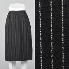 Medium 1980s Black Wool Skirt White Pinstripes Vintage Separates with Pockets