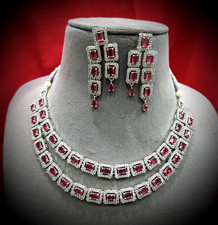 Bollywood indian Silver Plated Ethnic AD CZ Jewelry Earrings Necklace Bridal Set
