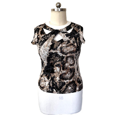 INC - Brown, Black, Tan Abstract Python Snake Print Cap Sleeve Cutout Top L XL