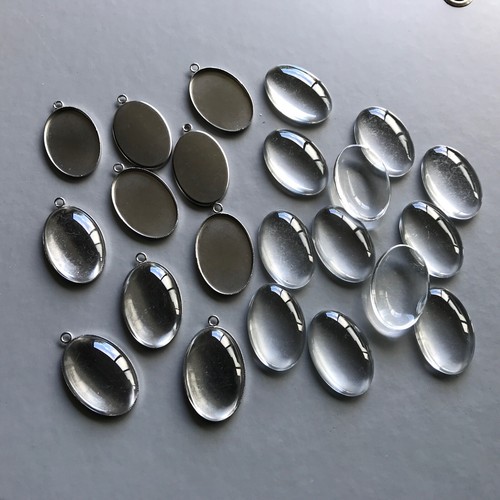 Cabochon Tray Glass Dome Set OVAL Smooth Stainless Steel Pendant DIY Kit 14-30mm - Picture 3 of 39