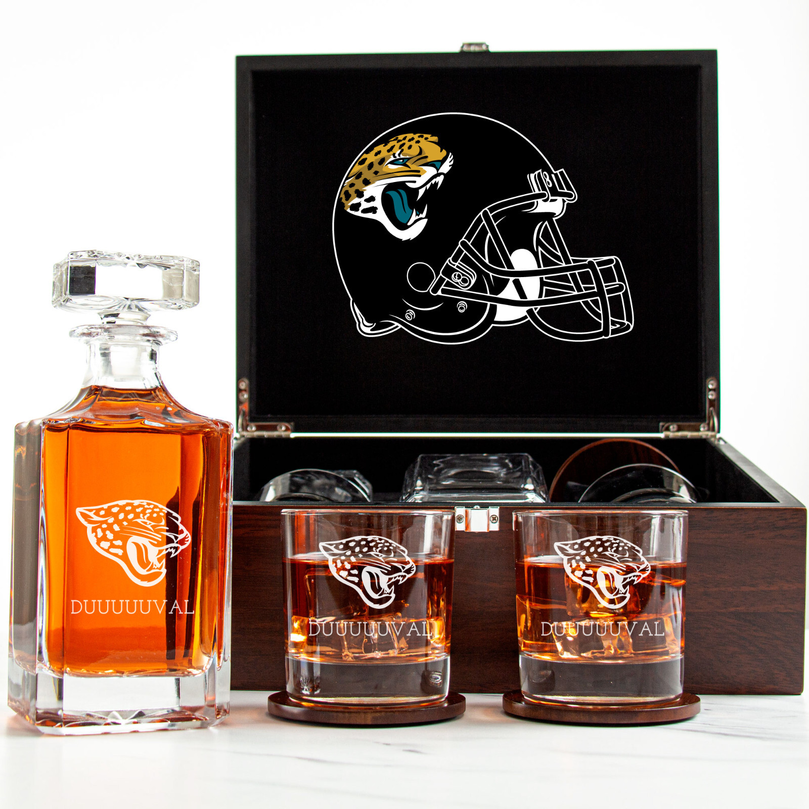 Jacksonville Jaguars - Engraved Football Whiskey Decanter 2 Glasses In Wood Box