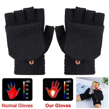 Men Women Winter Wool Knitted Gloves Convertible Fingerless Mittens Flap Cover