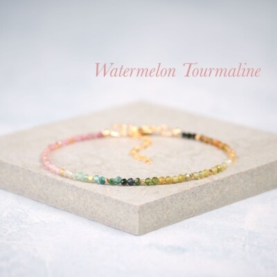 Multi Color Tourmaline Faceted Round Gemstone Bead Dainty Handmade Bracelet 6-8''