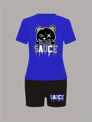 (Large 8/10) Blue and Black DTF Graphic Design ''Sauce'' Short Outfit