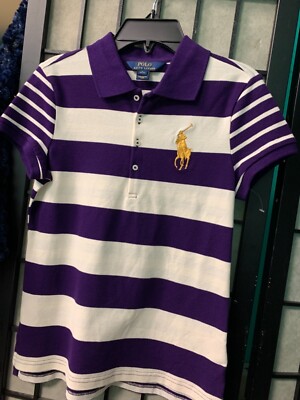 NWitout Tag girls polo purple / white strip 12-14 shirt gold logo retail $45