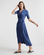 Quince Tencel Jersey Midi Wrap Dress Navy Basic Sleeved XL