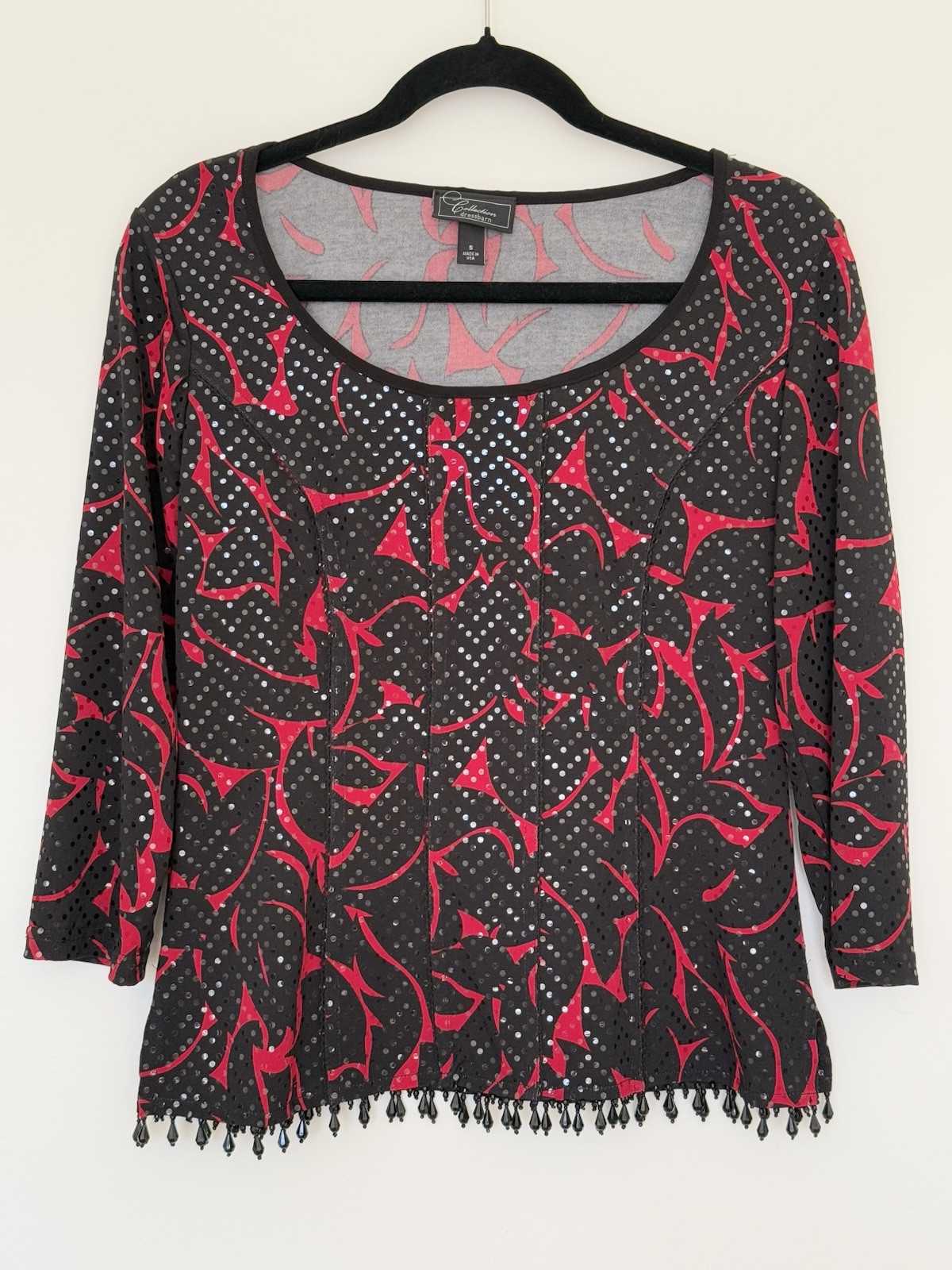 Dressbarn Womens Sparkle Beaded Fringe Trim Red Black Top Small