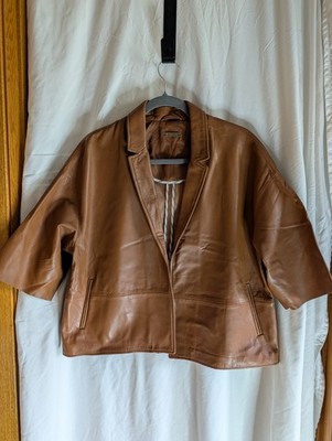 Massimo Dutti Women L Genuine Leather Blazer Jacket Cognac 3/4 Sleeve