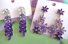 2.50" PURPLE TONES FLOWERS  LEAVES CRYSTAL RHINESTONE GEMS DROP DANGLE EARRINGS