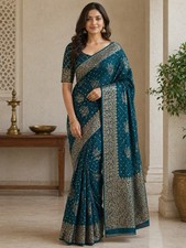 Blue silver bandhani Saree for Women with Matching Blouse