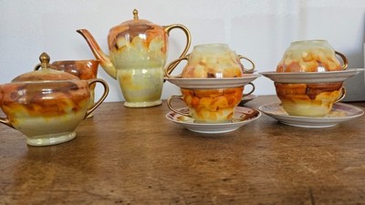 Böhmisches Art Deco Kaffeeservice - Perlmuttdekor Honig und Gold - 30/50er Jahre