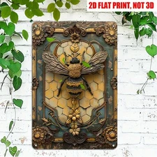 Tin Sign Vintage Bee Metal Wall Art Ornate Floral Honeybee Decor Garden Lovers