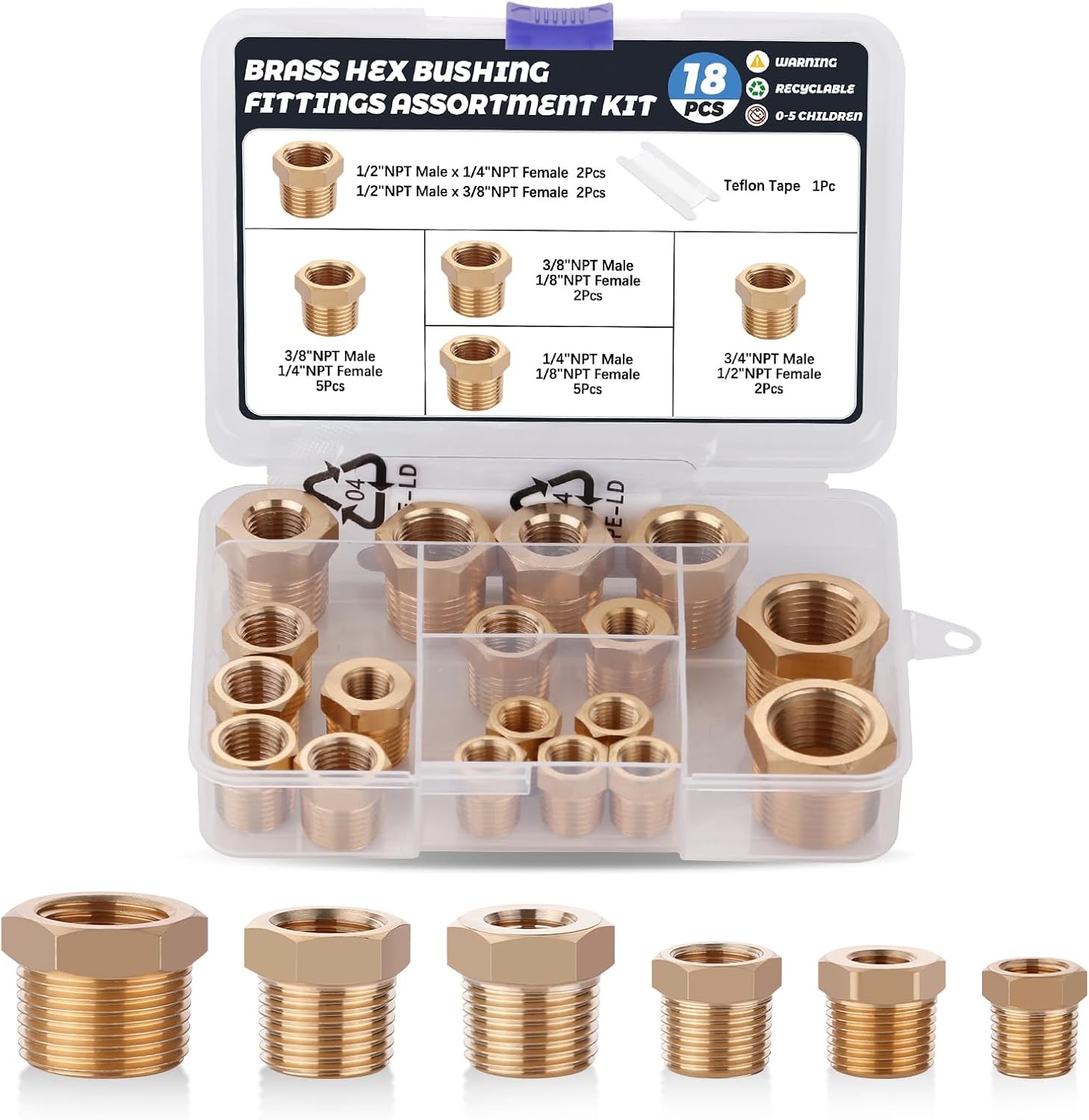18PCS Brass Hex Bushing Reducer Set, NPT Pipe Fittings 1/8"–3/4" Assortment