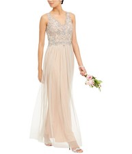 Adrianna Papell Womens Beaded Sequined Gown Dress, beige, 6