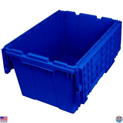 Industrial Plastic Storage Totes with Hinged Lid, 21''x15''x12'', Blue, 6-Pack