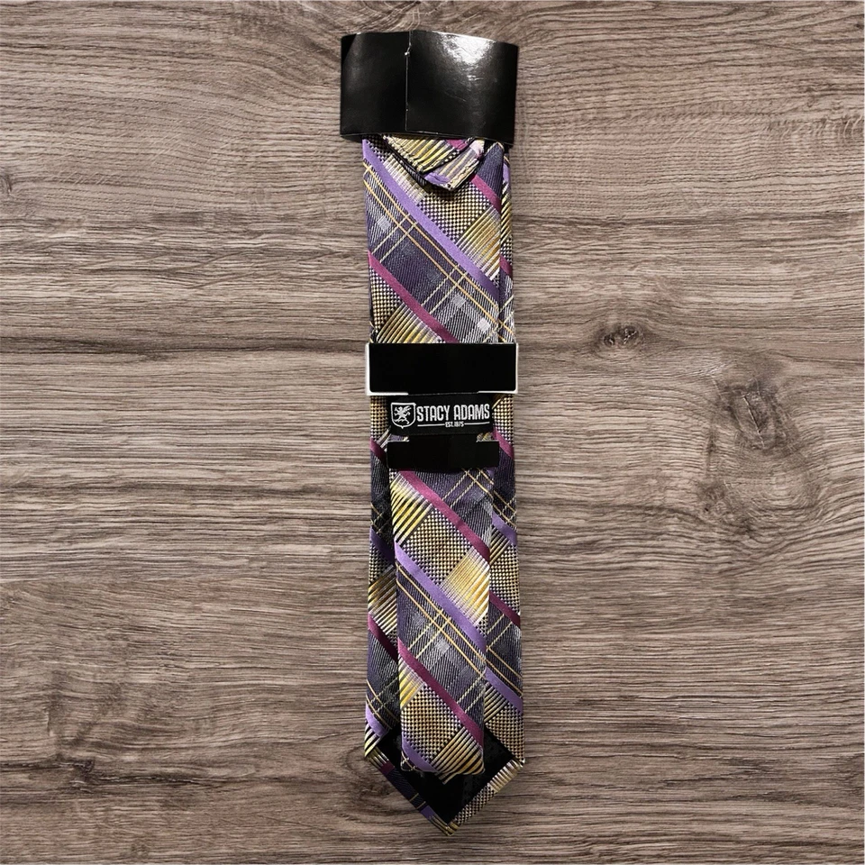 Stacy Adams Men's Tie & Hanky Set - Purple, Gray & Yellow Diagonal Stripe NWT - Image 2 of 2