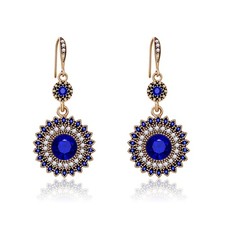Vintage Round Blue Sapphire Sunflowers Dangle Earrings, Women's Unique Retr - 06