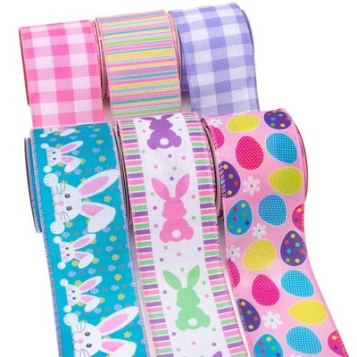 Easter Ribbon Wired-Easter Bunny/Eggs/Colorful Stripe/Pink and Purple Check B...