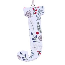 Letter J Floral Monogram Ornament Initial Xmas Holiday White Wood 6"