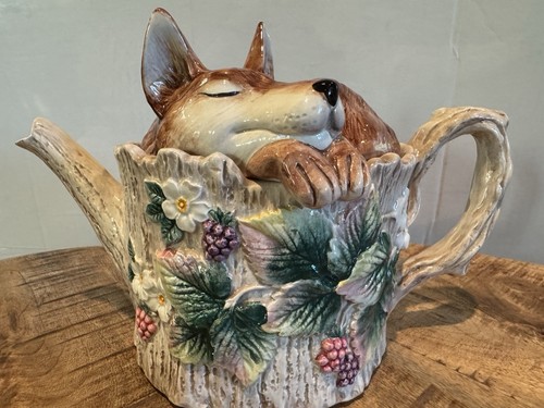 Fitz & Floyd 1990 Set Reynard SLEEPING FOX Teapot + Wild Berry Creamer & Sugar - Picture 4 of 24