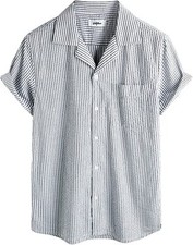 Mens Striped Summer Casual Shirt Short Sleeve Button Down Beach Cotton Linen Top