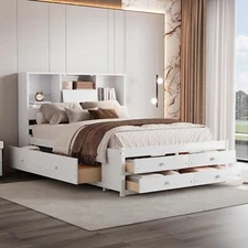 Queen King Size Platform Bed with Storage Drawers Bookcase Headboard Bed Frames