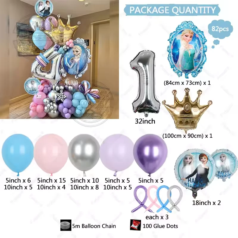 Globos de 30 pulgadas de lámina Frozen Princess Elsa 82 un. para niñas decoración de fiesta de cumpleaños Foto 3 de 4