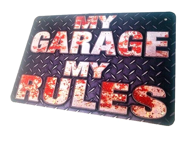 Letrero de pared de hojalata "MY GARAGE MY RULES impresión vintage estilo retro garaje sótano bar Foto 2 de 3