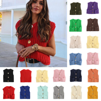 Womens Sleeveless Waistcoat Sweater Buttons Knitted Pockets Cardigan Jumper  Tops UK