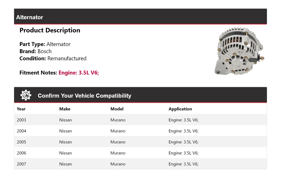 Alternador Bosch (Remanufaturado) 2004 2005 para 2003-2007 Nissan Murano 3.5L V6 - Imagem 2 de 4