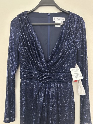 Nuevo con etiquetas Vestido IEENA Mac Duggal Azul Marino Manga Larga Cuello en V Lentejuelas 26555 Talla 0 - Imagen 2 de 10