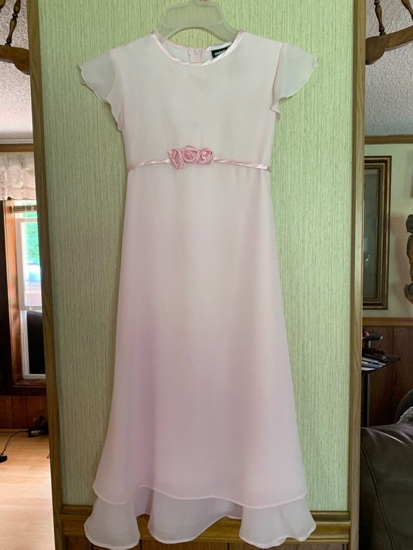 Little Girls Pale Pink Dress With Small, Pink Bag And Pink Floral Hair Clip