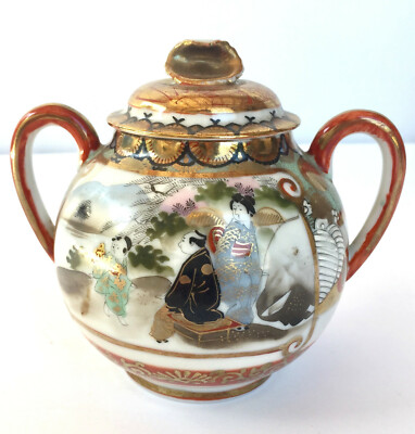 Sucrier Couvert Japonais Satsuma – Forme Ovoïde à Côtes, Deux Anses | Porcelaine Vintage En état