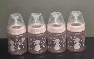 NUK Smooth Flow Anti Colic Baby Rose Bottle, 5 oz, 4 Pack, Pink Bunnies BPA Free