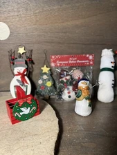 Lot Of 5 Christmas ITEMS SNOWMAN TREE WOOD BOX SNOWMAN BAG OF 2 SNOWMAN