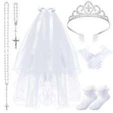 6 Pcs Girls First Communion Veils with Comb Rhinestone Crown White Satin Glov...