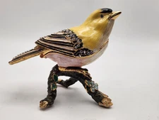 Enamel Jeweled Goldfinch Bird Hinged Trinket Box Rhinestone Magnetic Lid 3”