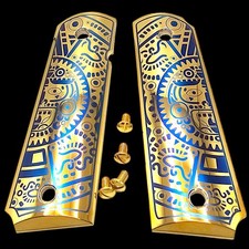 Full Size 1911 Pistol Grips - 24K Gold Plated, "Mayan Aztec Design" - Ambi Cut