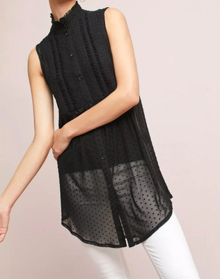 VANESSA VIRGINIA Anthropologie MESH Swiss Dots LUELLA SMOCKED TURTLENECK TOP S