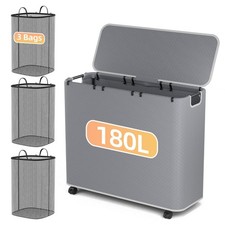 180L Laundry Basket With Lid Removable 3 Bags Rolling Hamper Wheels Grey