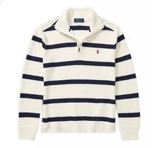 Polo Ralph Lauren Boys 1/4 Zip Mock Striped Pullover Sweater White Navy Sz 10/12