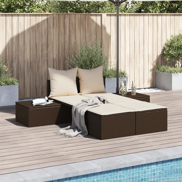 Doppelsonnenliege Poly Rattan Braun Mit Auflagen FüR Garten Balkon Terrasse-image