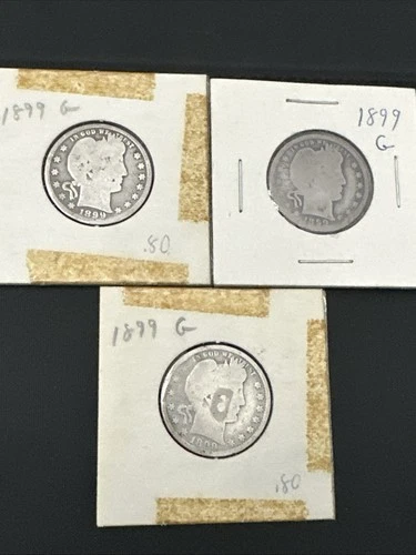 3 Lot of 1899 Quarter Silver Barber Quarters  Coin .25 No Reserve Three Coins