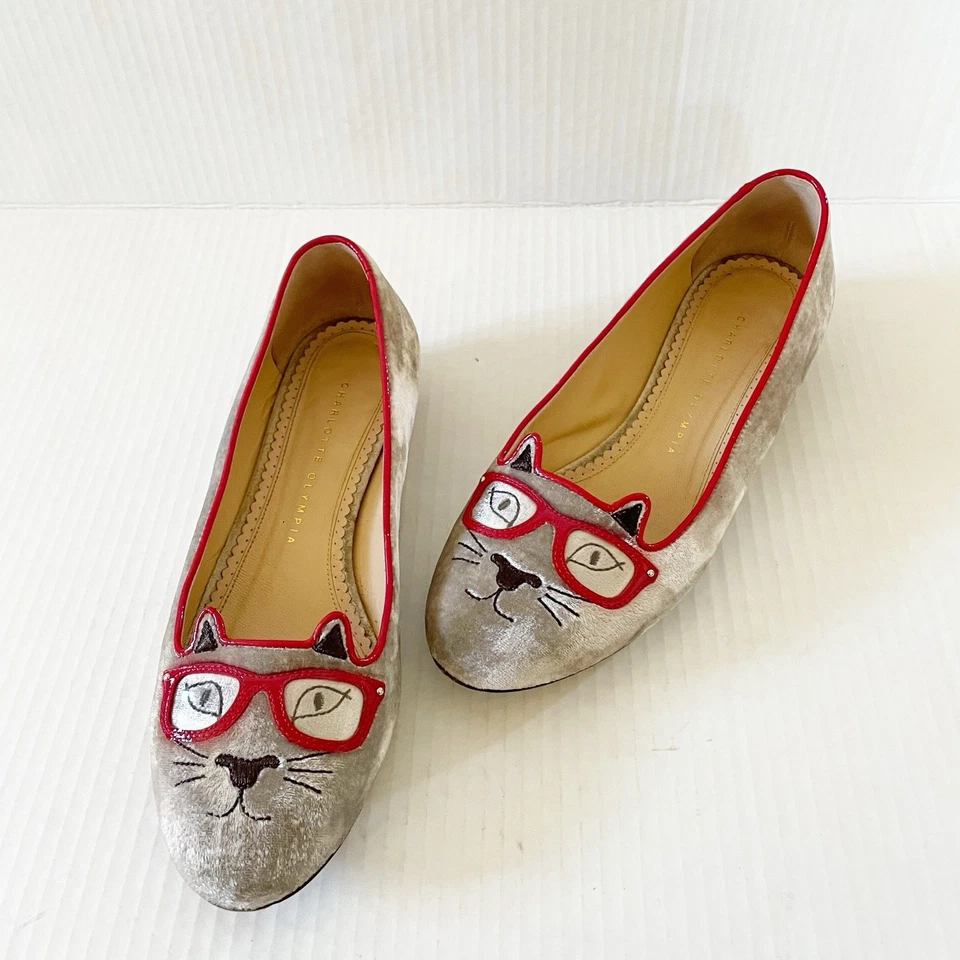 CHARLOTTE OLYMPIA Cat Sunkissed Kitty Embroidered Velvet Flats cat flats Size 38 - Image 4 of 4
