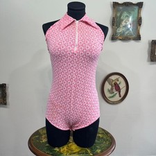Vintage 1960s Pink Mod Floral Zip-Front Halter Romper Bodysuit flawed