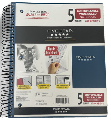 Five Star Spiral Notebook 5 Subject Customizable Wide Ruled 220 Sheets