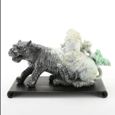 Large 38.6lbs Natural Ink Jadeite A Jade Tiger Family Sculpture Stand