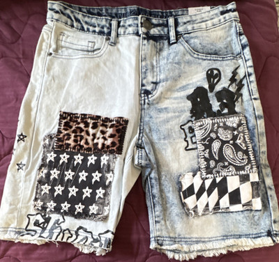 Rue21 Premium Denim Mens Jean Shorts Patchwork Supreme Flex Frayed Hem Art Retro