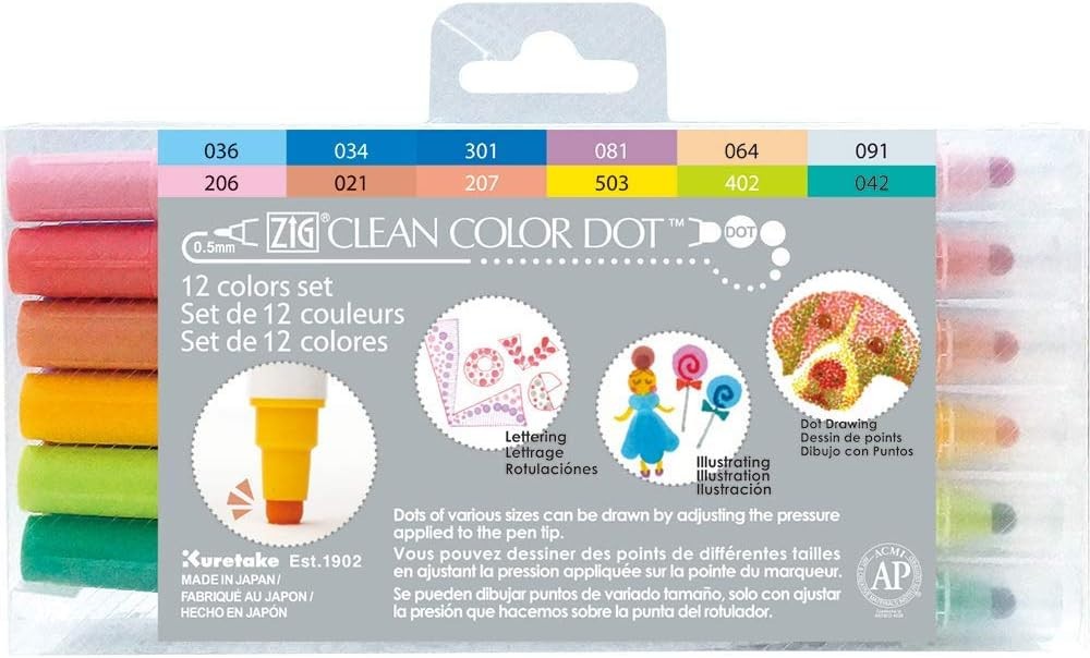 Kuretake ZIG Clean Color Dot Dual Tip Marker Pens - 12 colours -  TC-6100/12V